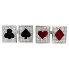 Manschettenknöpfe aus schwarzem Onyx, rotem Achat und Diamanten aus 18 Karat Weißgold für Pokerkarten