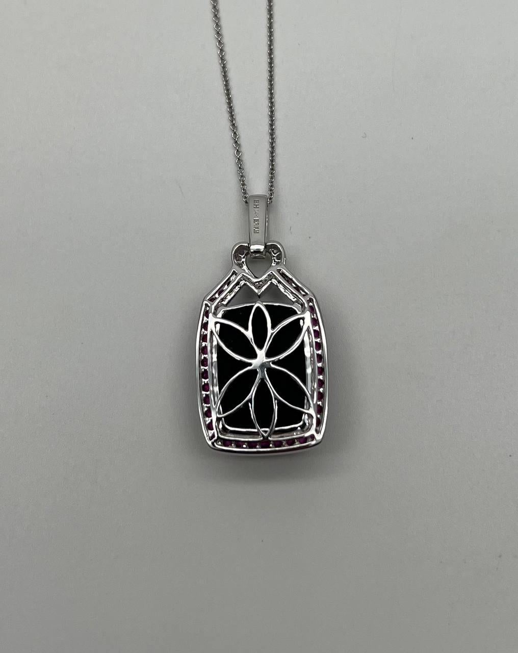 Cabochon Black Onyx Red Pink Ruby White Diamond Halo 14K White Gold Pendant Necklace For Sale
