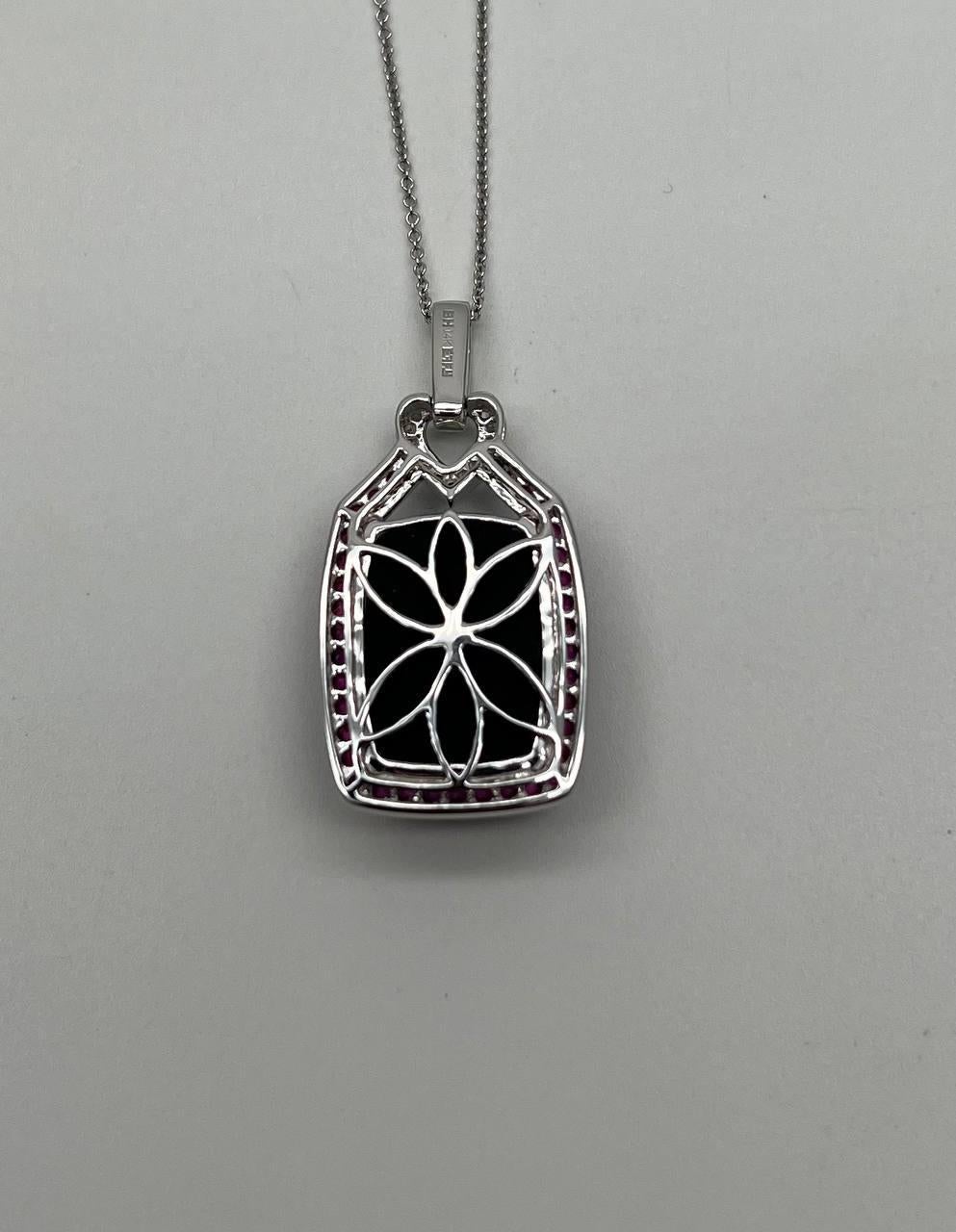 Black Onyx Red Pink Ruby White Diamond Halo 14K White Gold Pendant Necklace In New Condition For Sale In Oakton, VA
