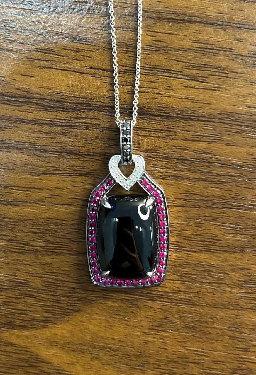 Women's Black Onyx Red Pink Ruby White Diamond Halo 14K White Gold Pendant Necklace For Sale