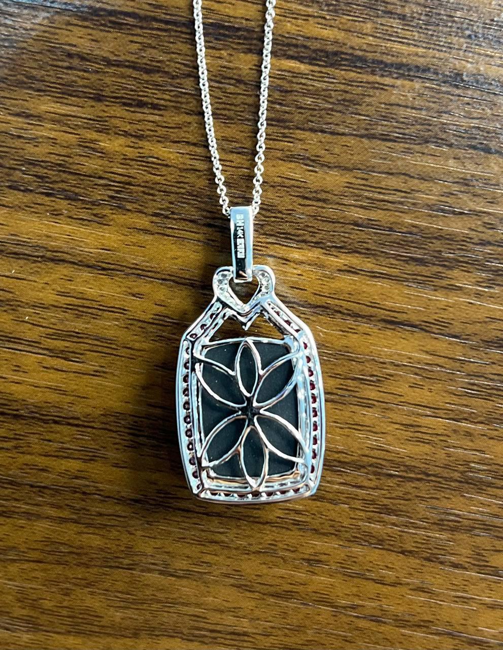 Black Onyx Red Pink Ruby White Diamond Halo 14K White Gold Pendant Necklace For Sale 1
