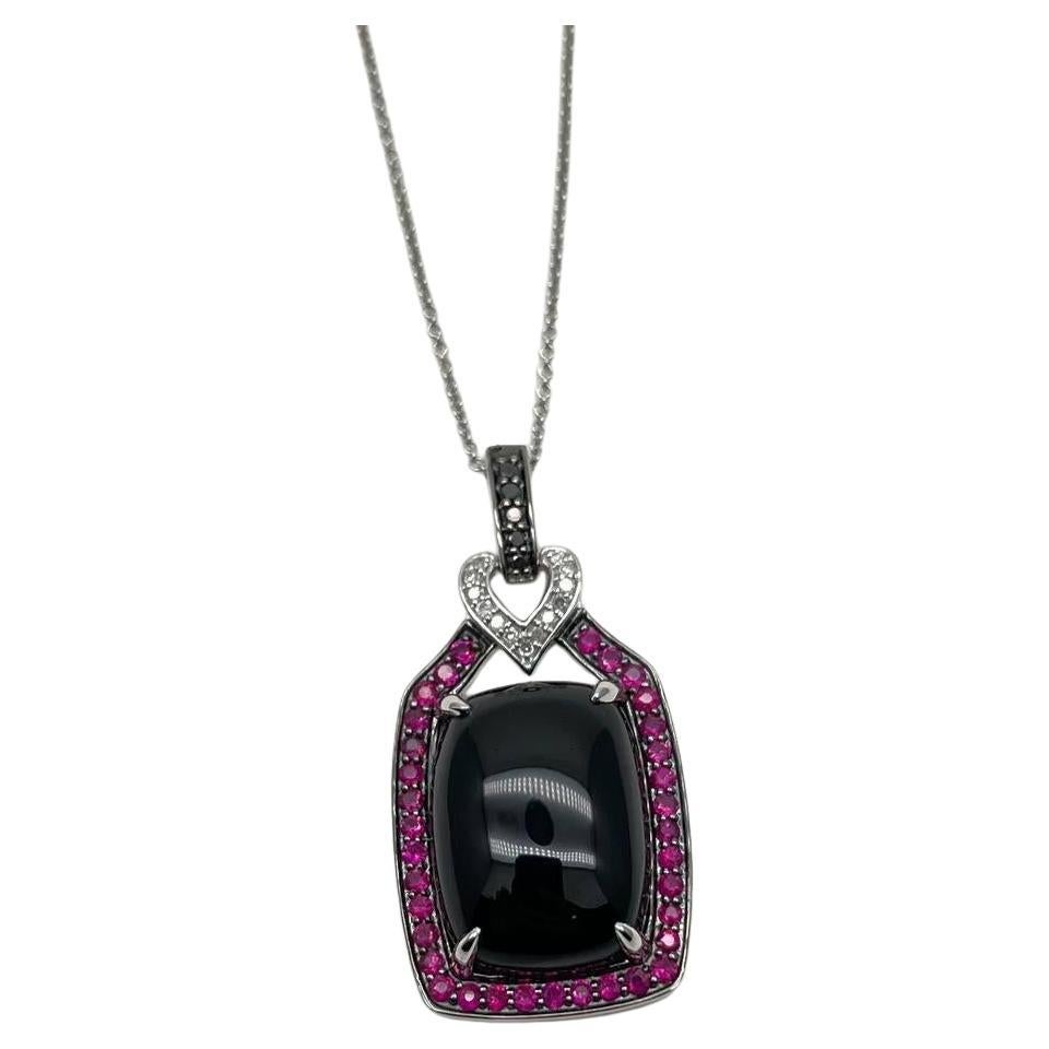 Black Onyx Red Pink Ruby White Diamond Halo 14K White Gold Pendant Necklace For Sale
