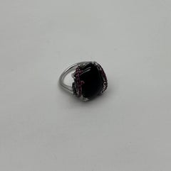 Black Onyx Red Pink Ruby White Diamond Halo 14K White Gold Statement Ring