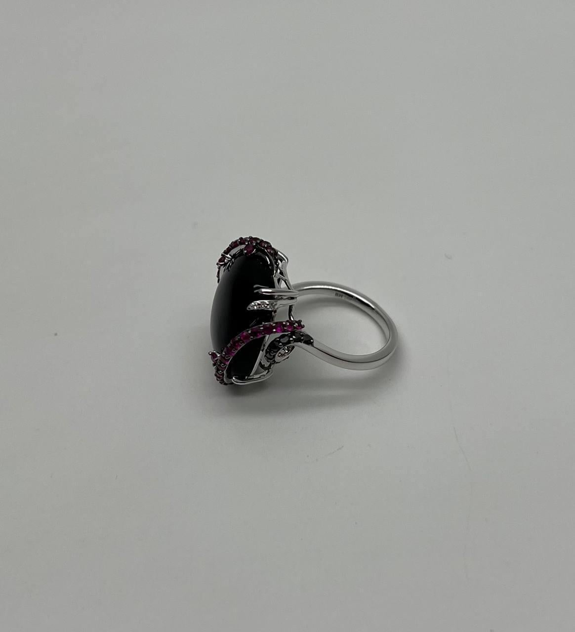 Mixed Cut Black Onyx Red Pink Ruby White Diamond Halo 14K White Gold Statement Ring For Sale