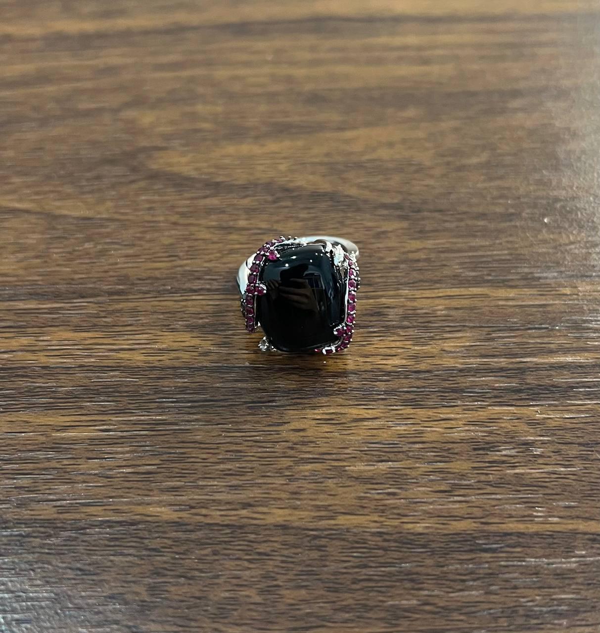 Black Onyx Red Pink Ruby White Diamond Halo 14K White Gold Statement Ring In New Condition For Sale In Oakton, VA