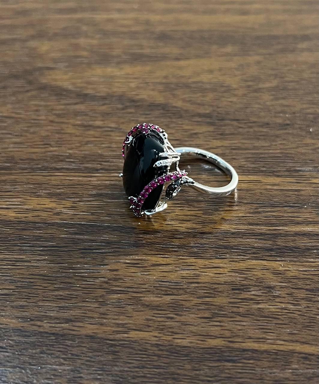 Women's Black Onyx Red Pink Ruby White Diamond Halo 14K White Gold Statement Ring For Sale