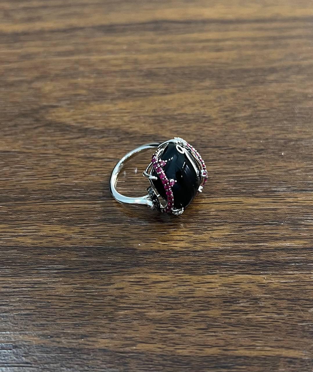 Black Onyx Red Pink Ruby White Diamond Halo 14K White Gold Statement Ring For Sale 1