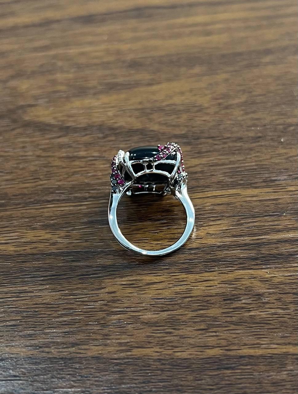 Black Onyx Red Pink Ruby White Diamond Halo 14K White Gold Statement Ring For Sale 2