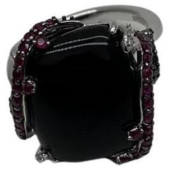Black Onyx Red Pink Ruby White Diamond Halo 14K White Gold Statement Ring