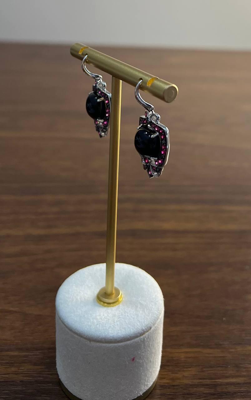 Black Onyx Red Pink Ruby White Diamonds Halo Set 14K White Gold Earrings For Sale 4