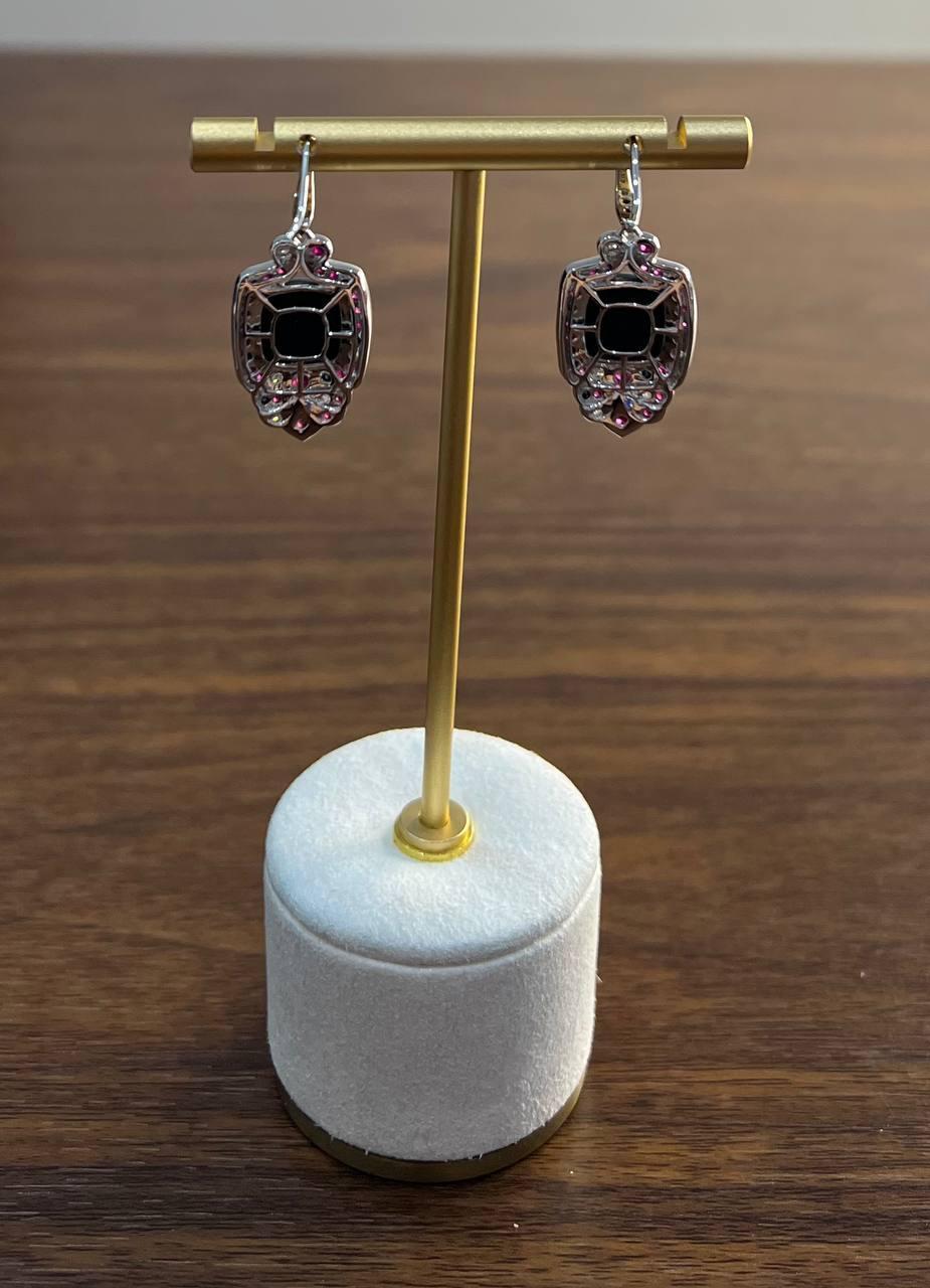 Black Onyx Red Pink Ruby White Diamonds Halo Set 14K White Gold Earrings For Sale 5