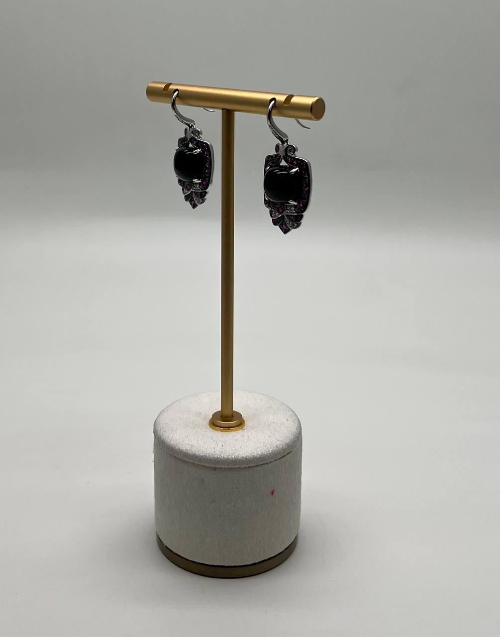 Modern Black Onyx Red Pink Ruby White Diamonds Halo Set 14K White Gold Earrings For Sale