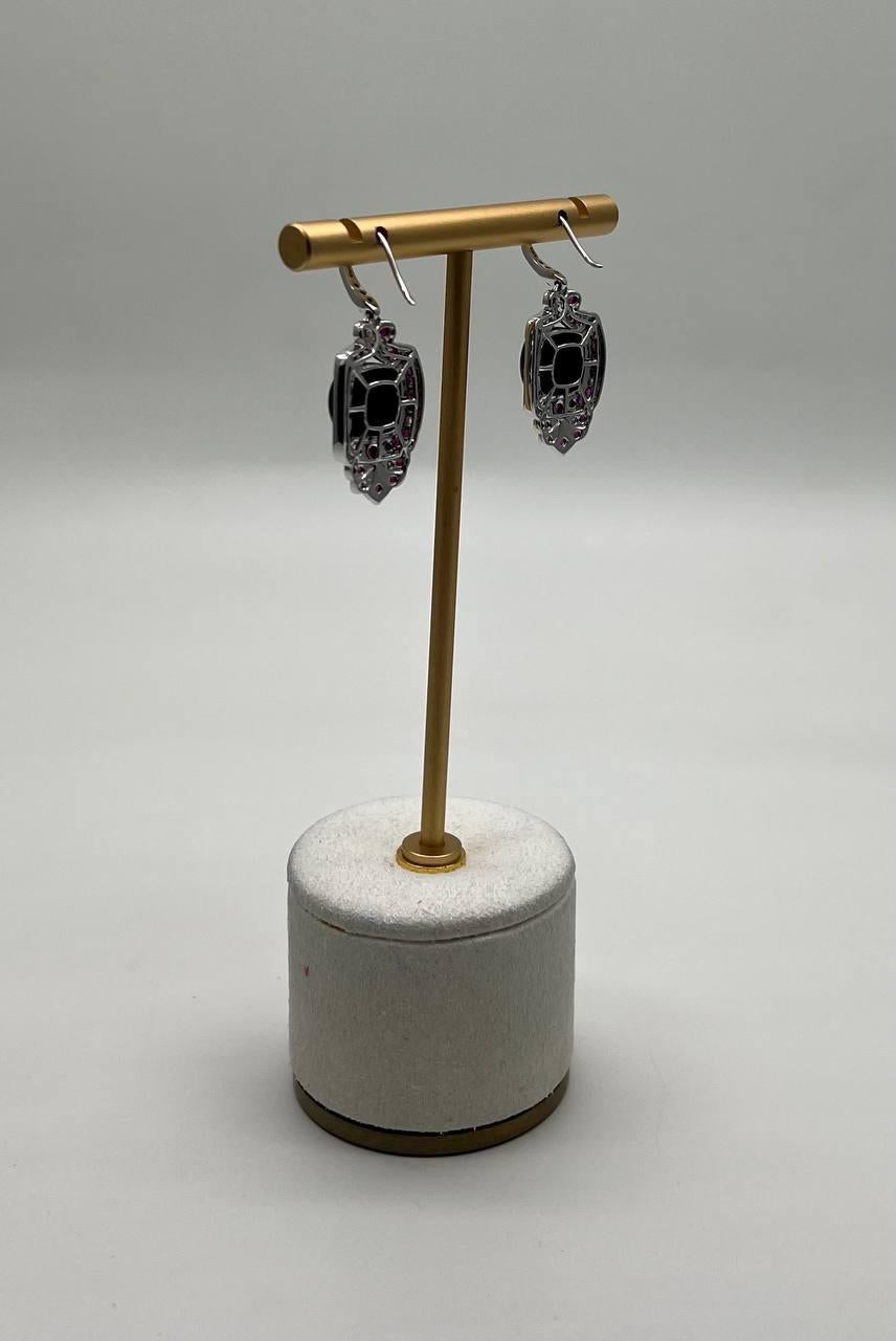 Mixed Cut Black Onyx Red Pink Ruby White Diamonds Halo Set 14K White Gold Earrings For Sale