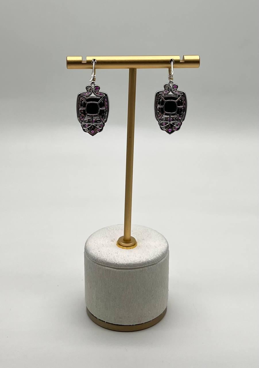 Black Onyx Red Pink Ruby White Diamonds Halo Set 14K White Gold Earrings In New Condition For Sale In Oakton, VA