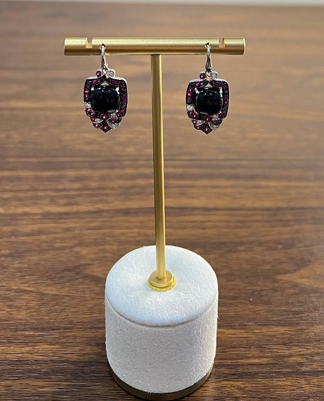 Women's Black Onyx Red Pink Ruby White Diamonds Halo Set 14K White Gold Earrings For Sale