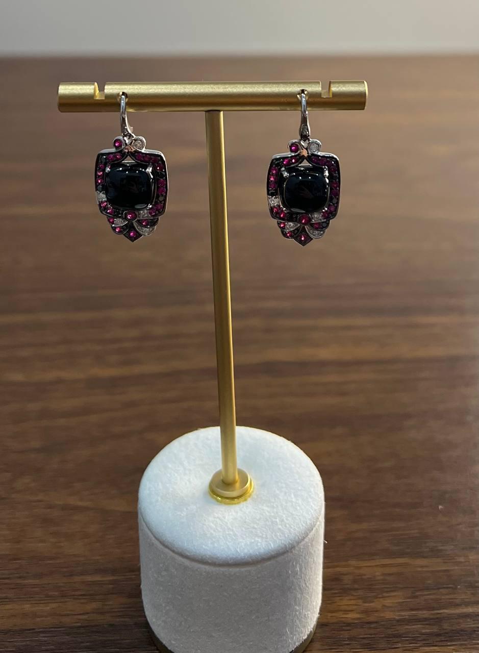Black Onyx Red Pink Ruby White Diamonds Halo Set 14K White Gold Earrings For Sale 1