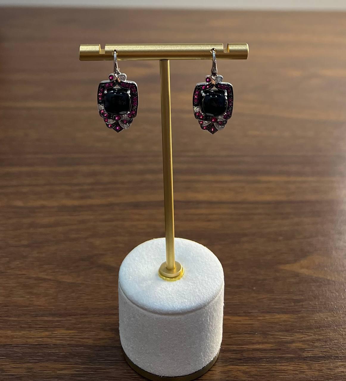 Black Onyx Red Pink Ruby White Diamonds Halo Set 14K White Gold Earrings For Sale 2