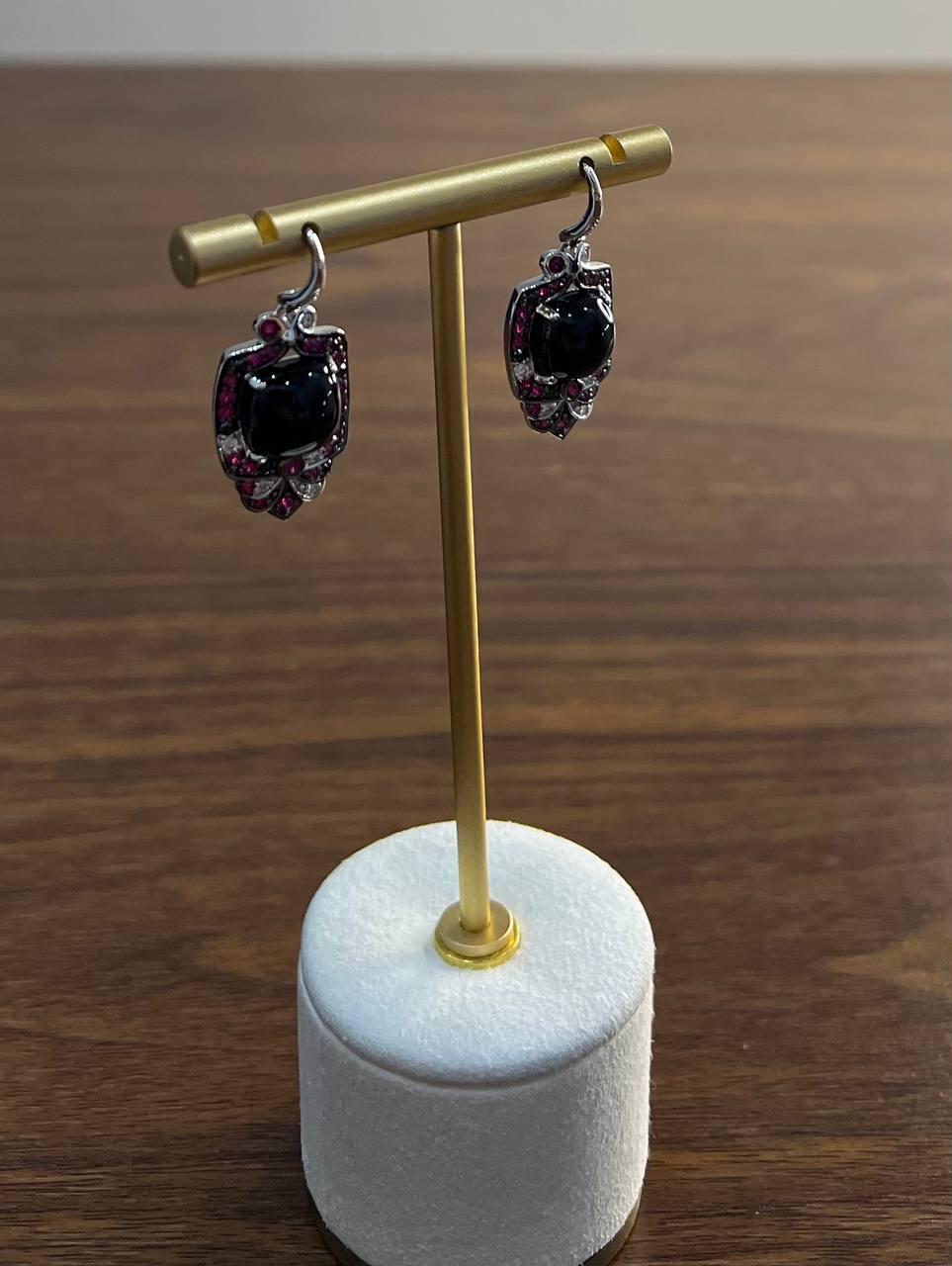 Black Onyx Red Pink Ruby White Diamonds Halo Set 14K White Gold Earrings For Sale 3
