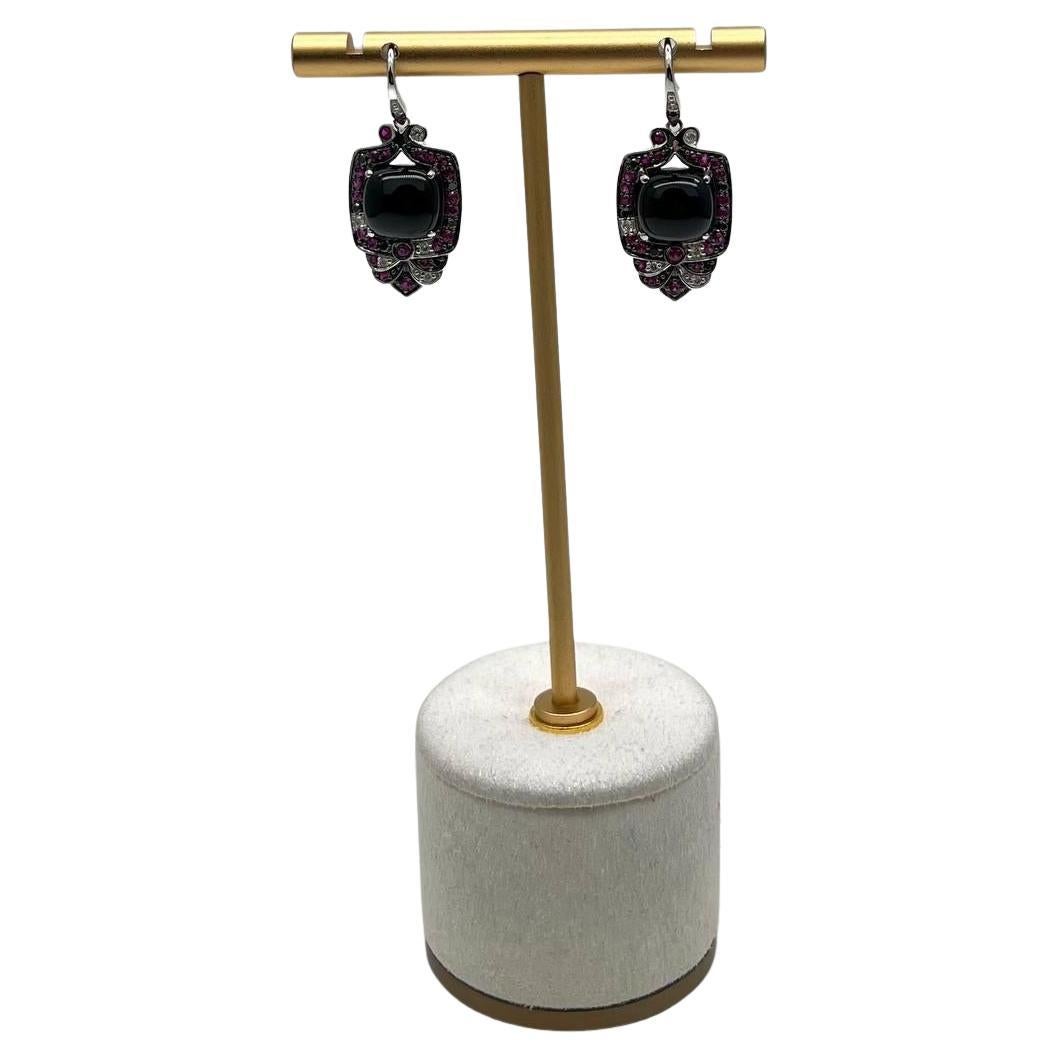 Black Onyx Red Pink Ruby White Diamonds Halo Set 14K White Gold Earrings For Sale
