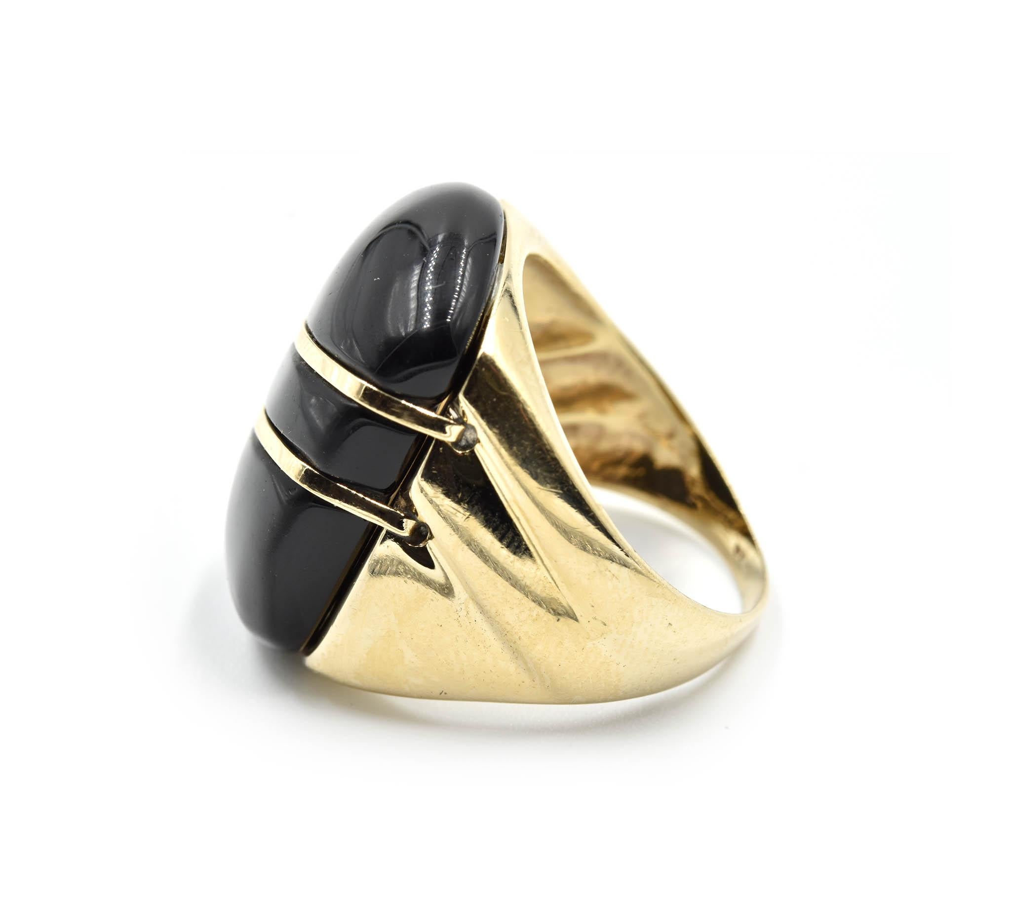 Designer: custom design
Material: 14k yellow gold
Dimensions: ring top is 1 inches long
Ring Size: 7 ¼ (please allow two extra shipping days for sizing requests) 
Weight: 11.70 grams

