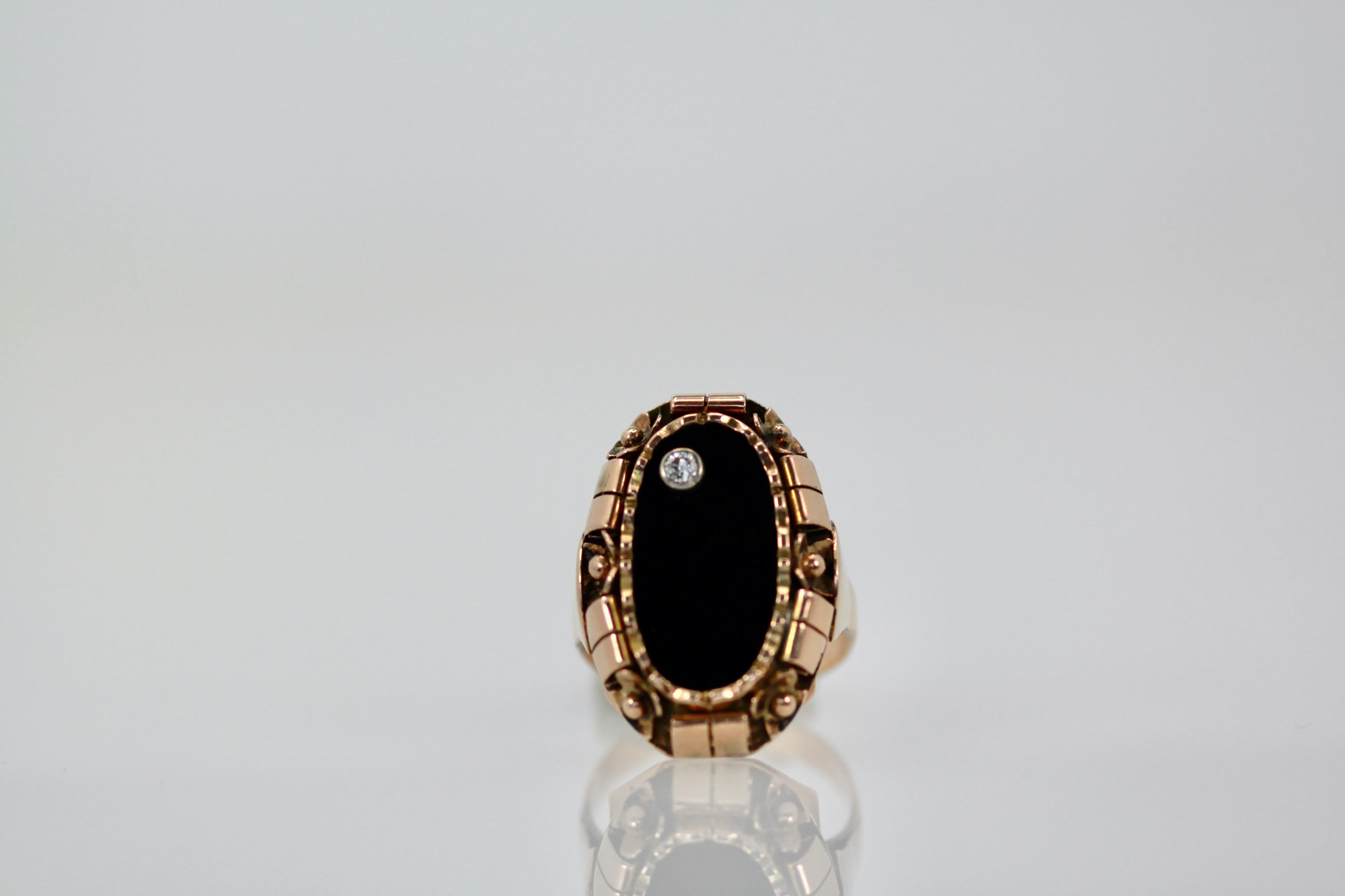 Schwarzer Onyx-Ring mit Diamant 14k Roségold (Kunsthandwerker*in) im Angebot