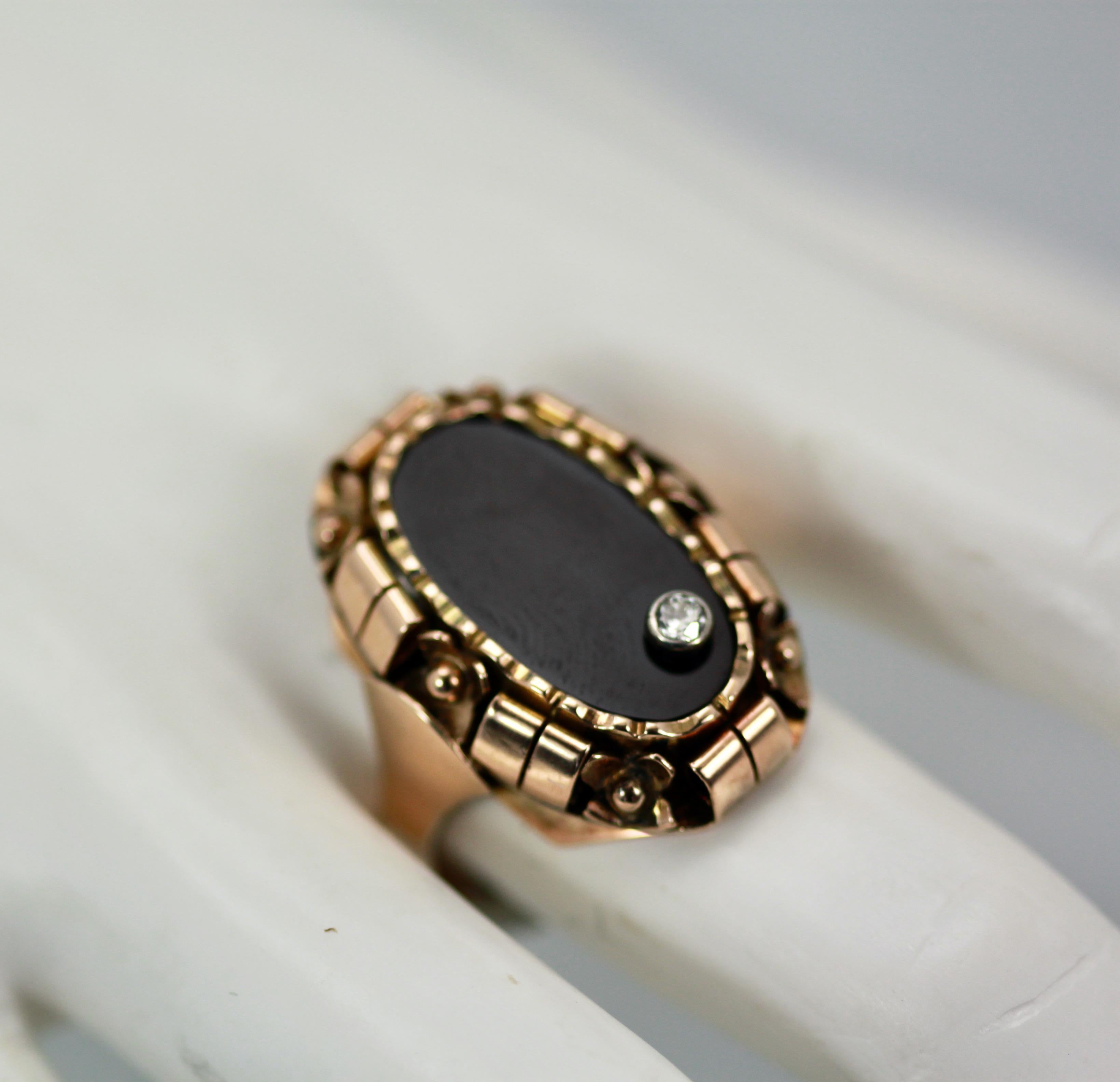 Artisan Black Onyx Ring with Diamond 14k Rose Gold For Sale