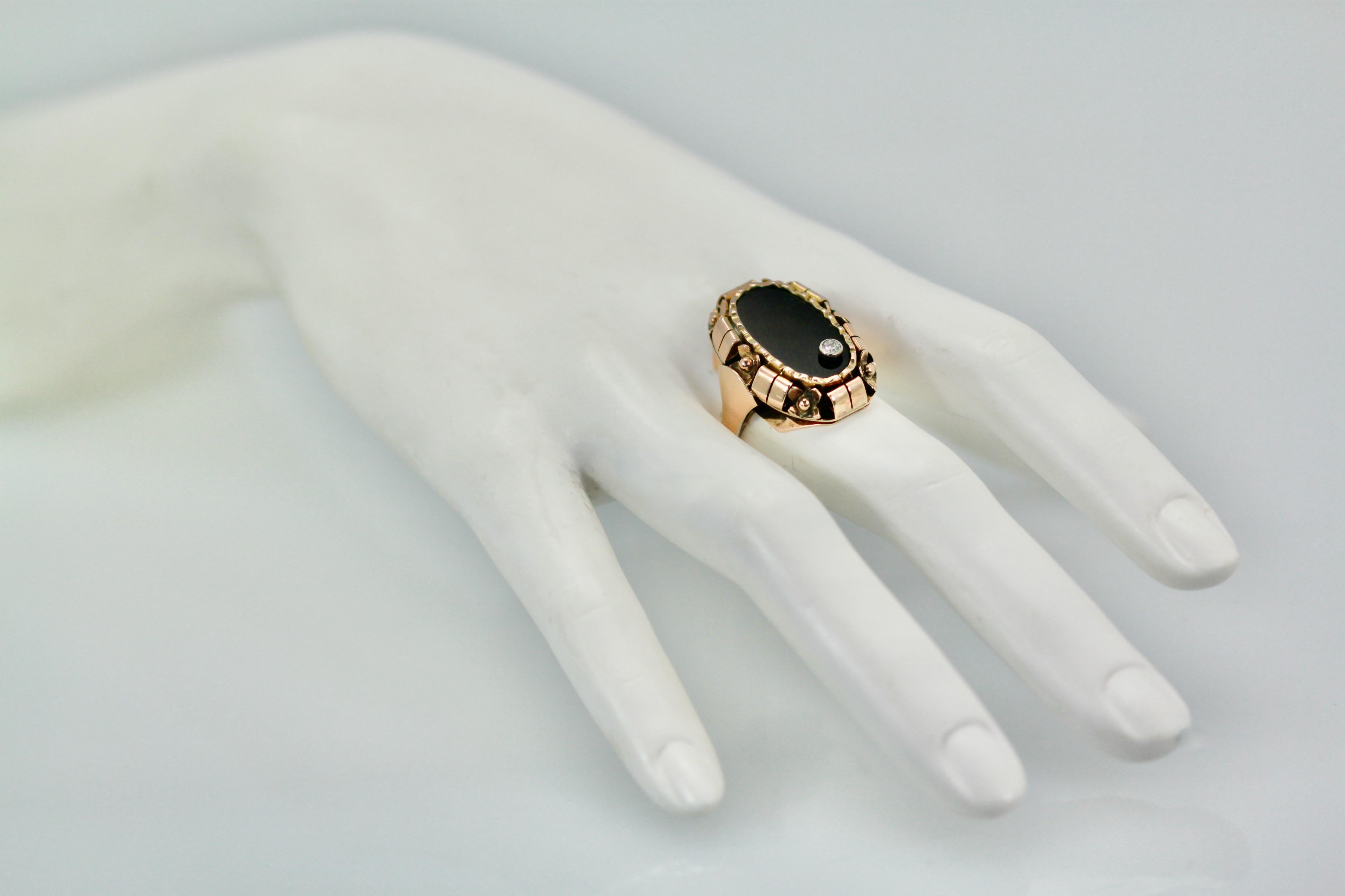 Cabochon Black Onyx Ring with Diamond 14k Rose Gold For Sale