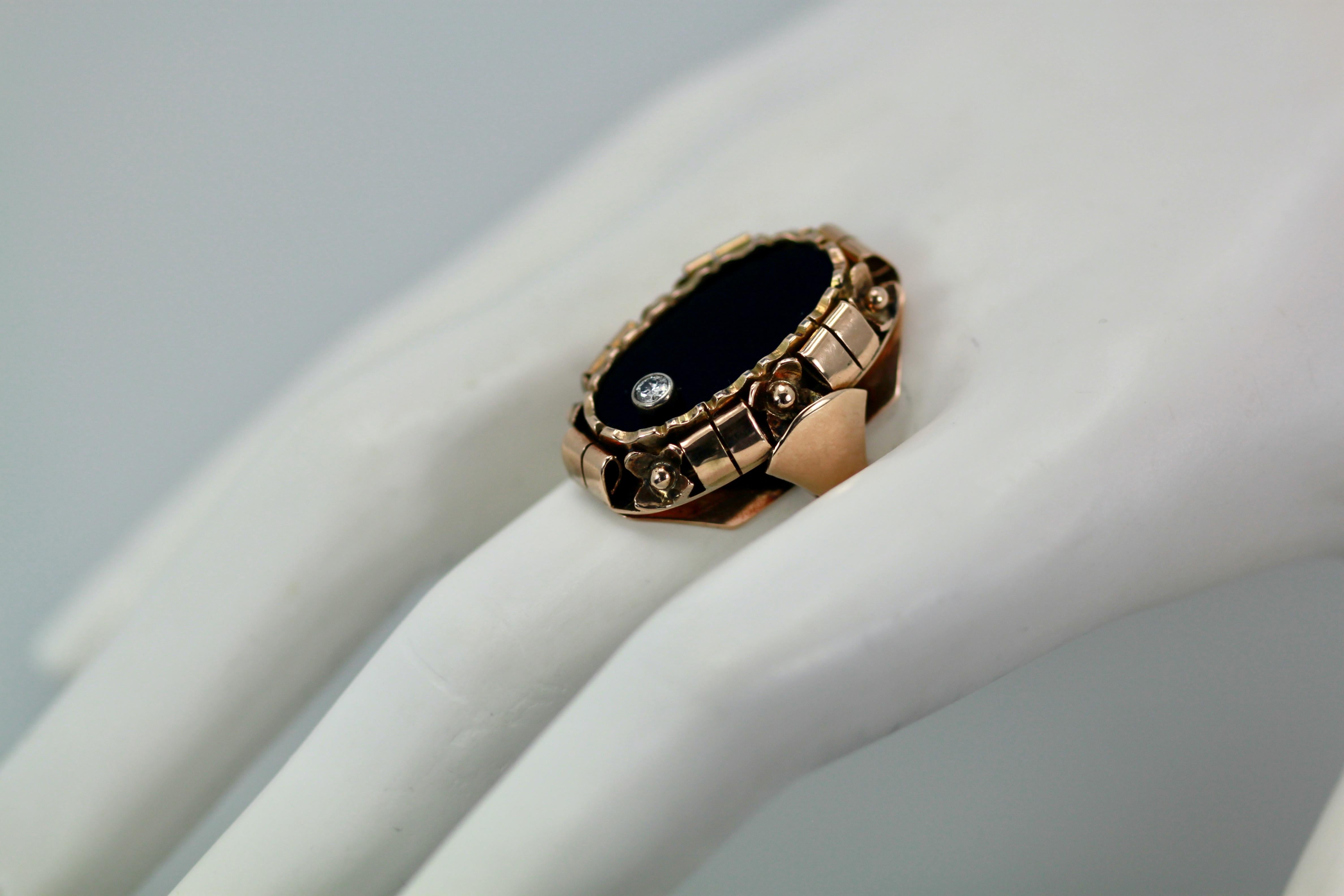 Women's or Men's Black Onyx Ring with Diamond 14k Rose Gold For Sale