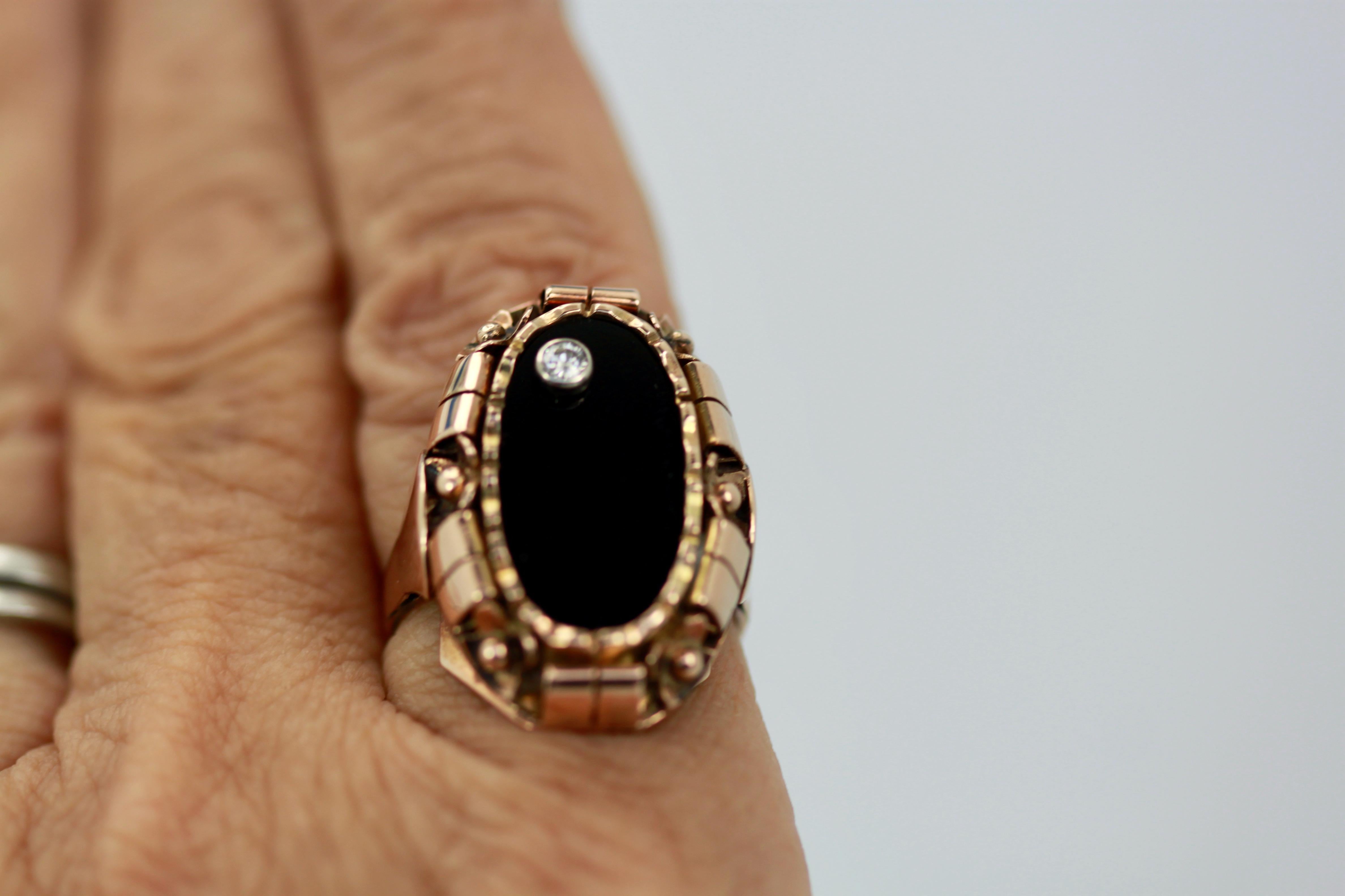 Black Onyx Ring with Diamond 14k Rose Gold For Sale 1