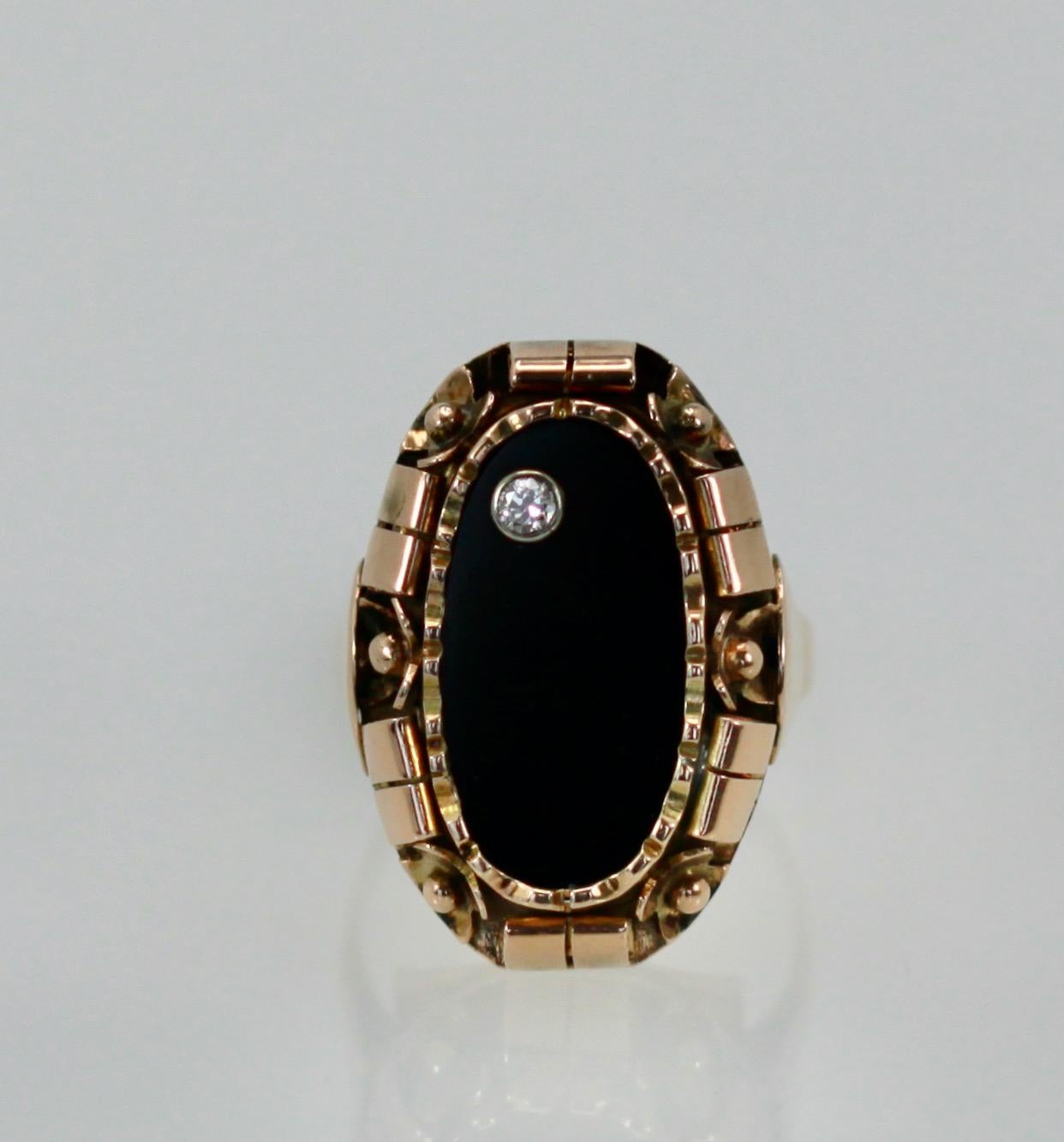 Black Onyx Ring with Diamond 14k Rose Gold For Sale 2