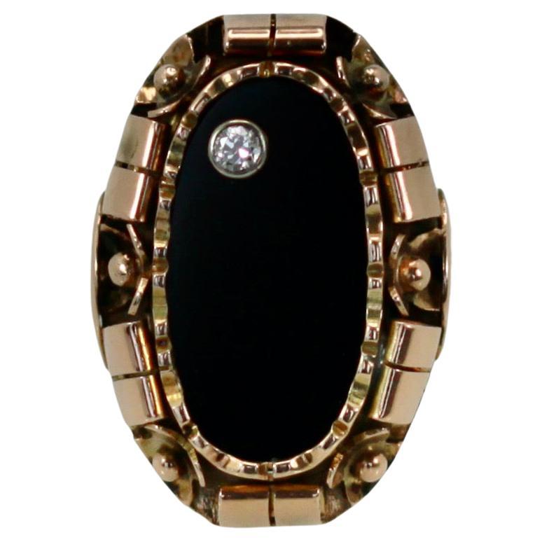 Black Onyx Ring with Diamond 14k Rose Gold For Sale