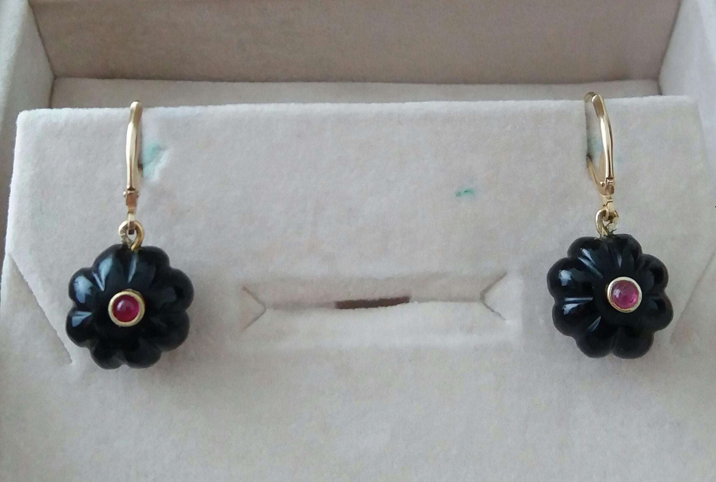 Black Onyx Round Carved Buttons Ruby Cabs 14k Yellow Gold Dangle Earrings For Sale 4