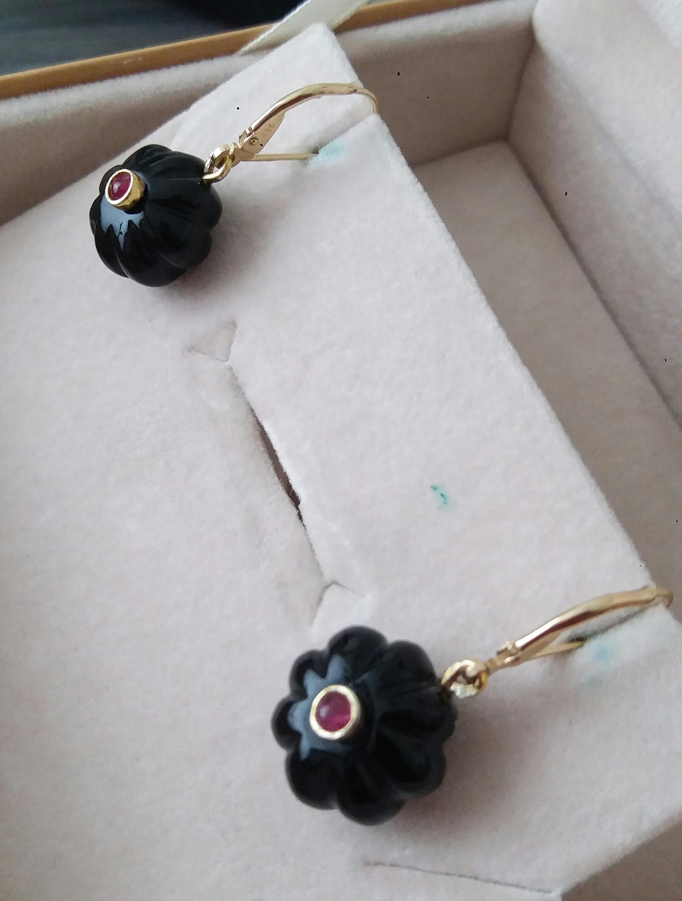 Black Onyx Round Carved Buttons Ruby Cabs 14k Yellow Gold Dangle Earrings For Sale 5