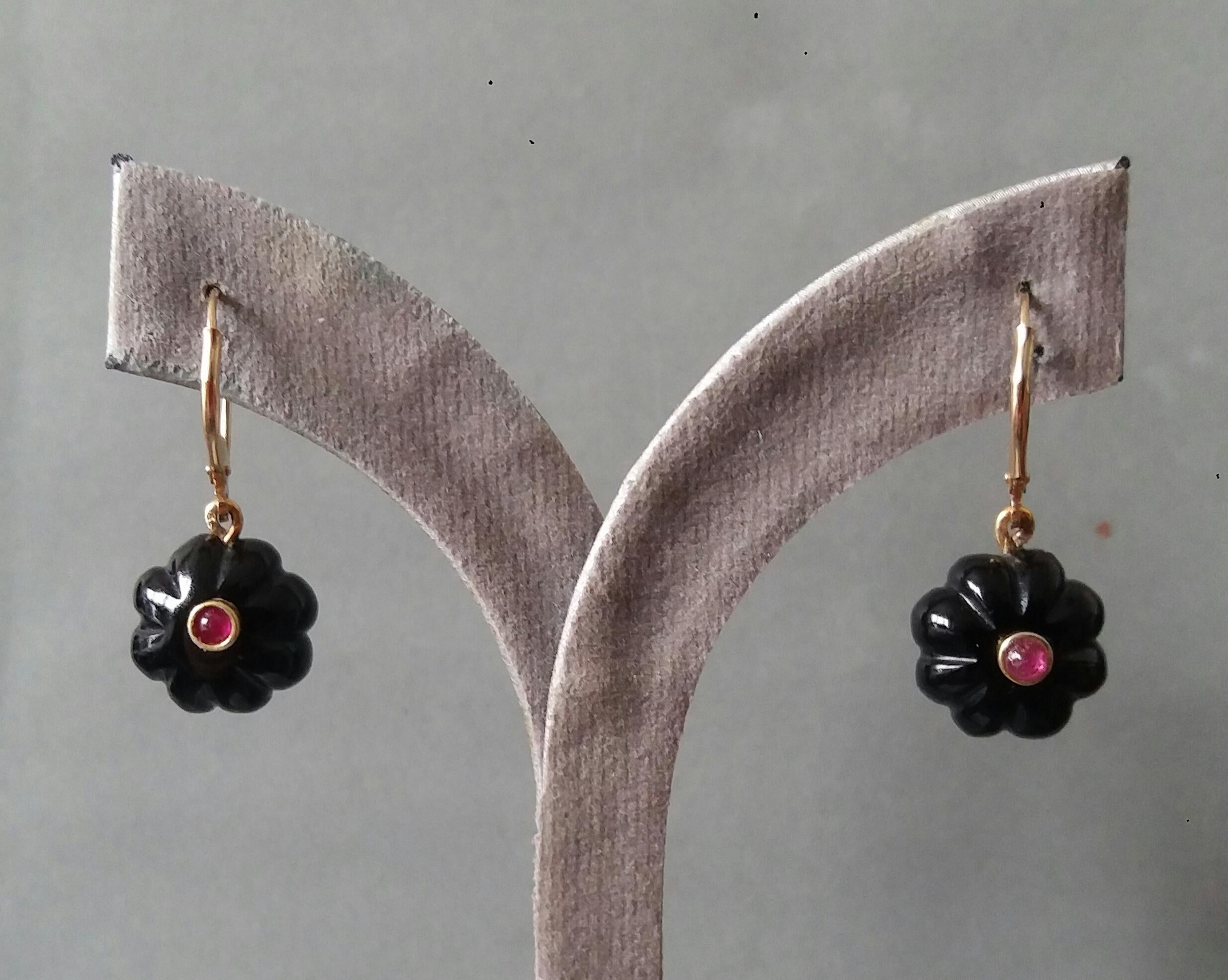 Black Onyx Round Carved Buttons Ruby Cabs 14k Yellow Gold Dangle Earrings For Sale 6