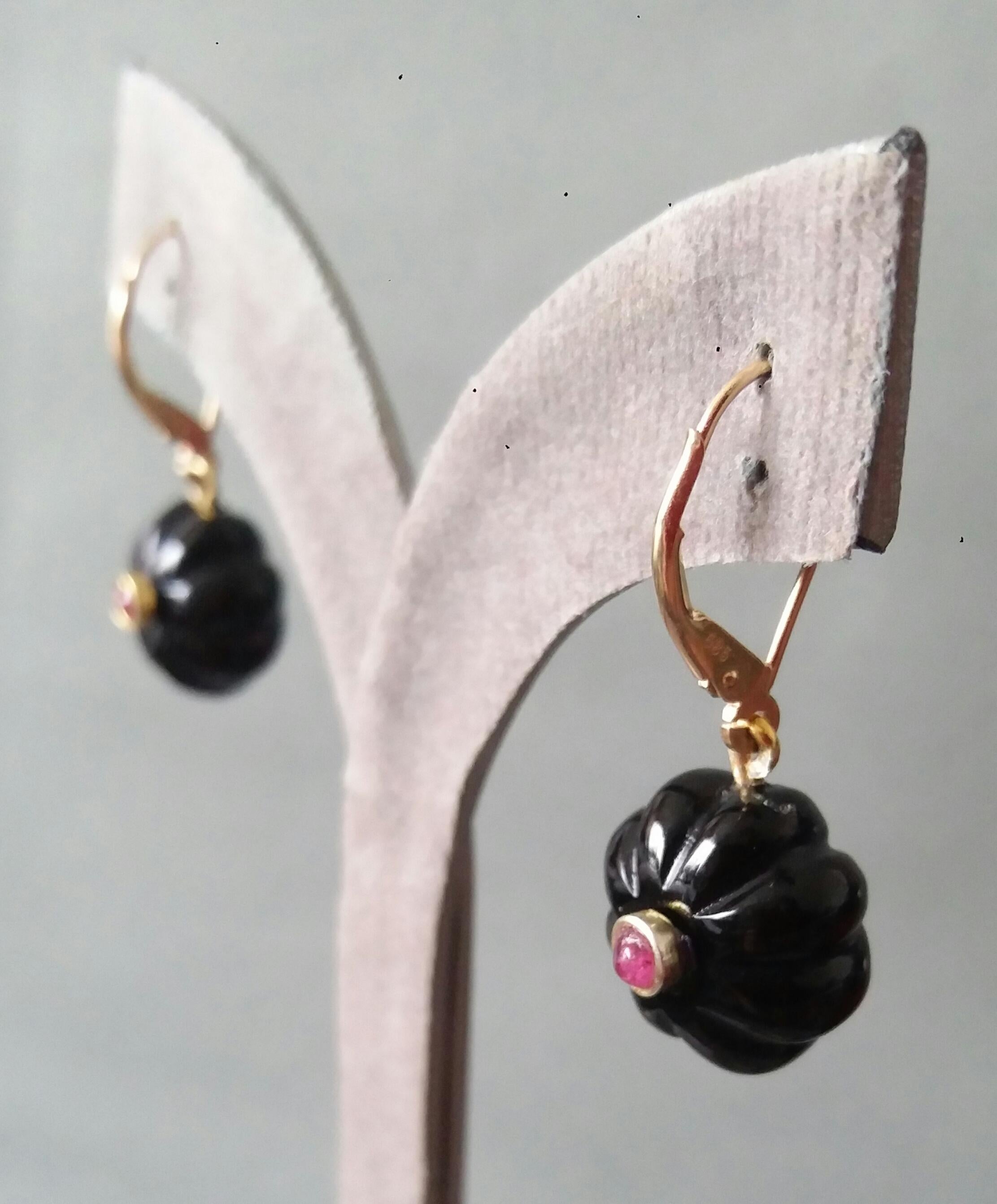 Black Onyx Round Carved Buttons Ruby Cabs 14k Yellow Gold Dangle Earrings For Sale 7