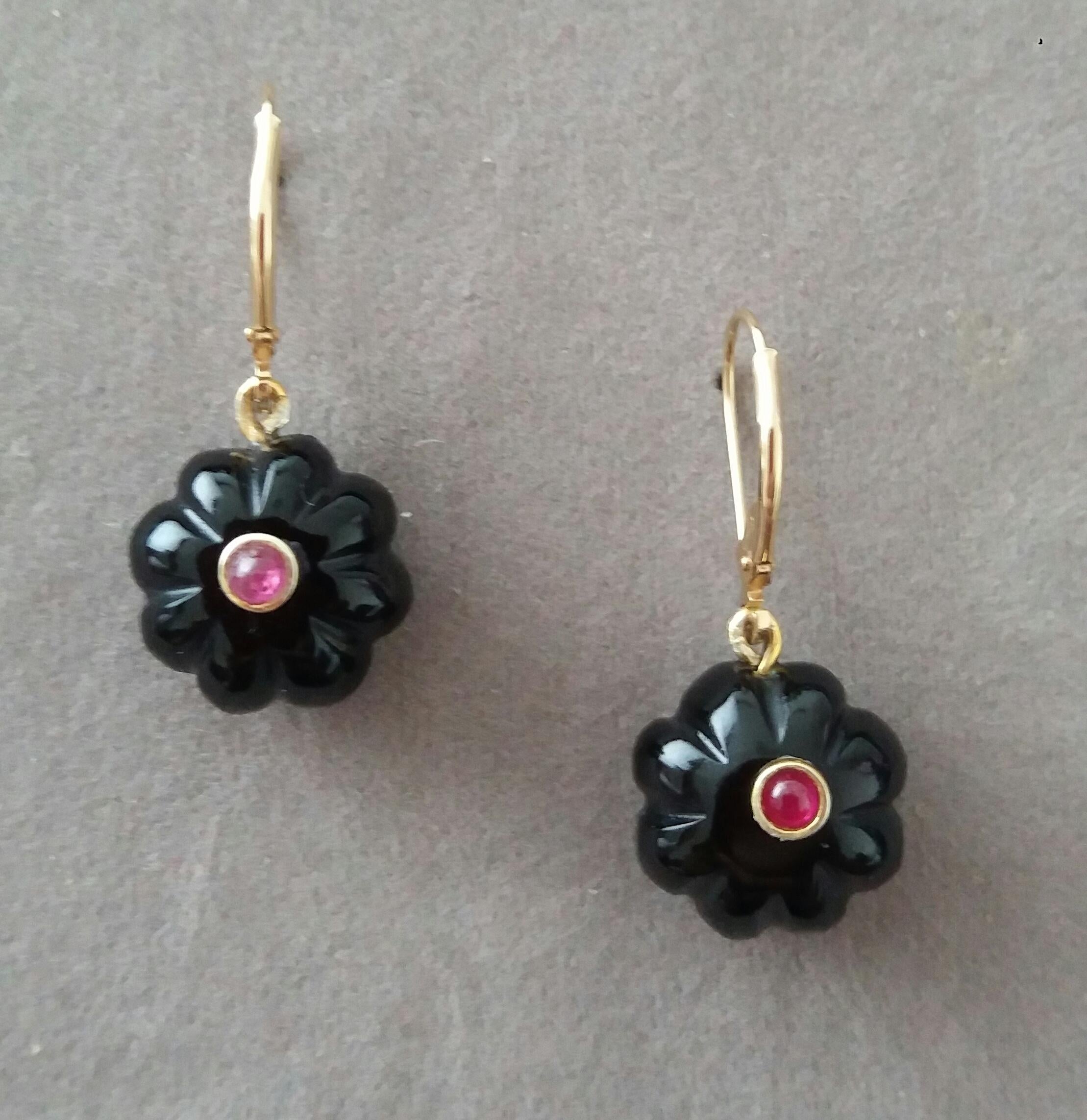 Mixed Cut Black Onyx Round Carved Buttons Ruby Cabs 14k Yellow Gold Dangle Earrings For Sale
