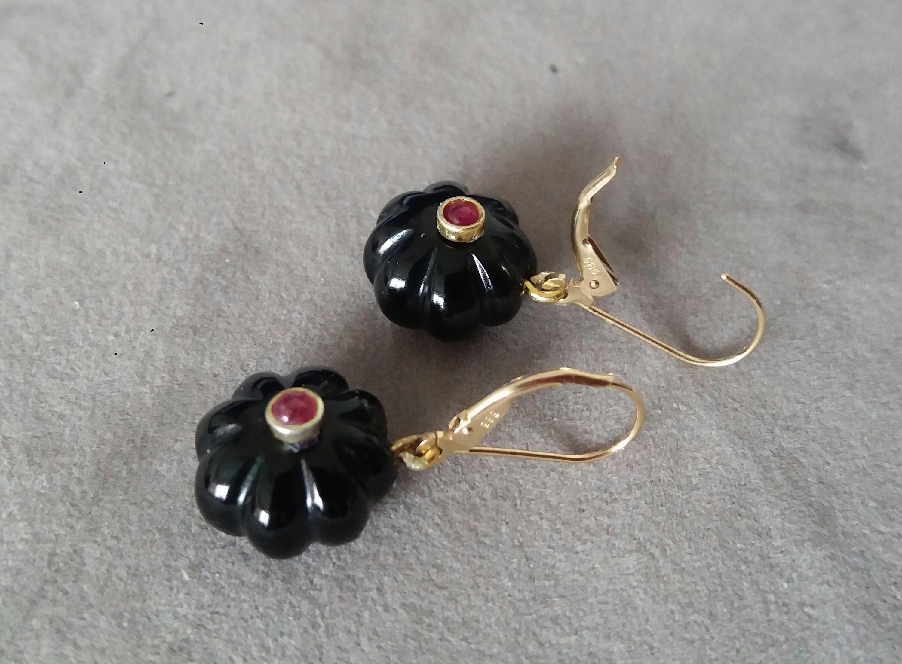 Black Onyx Round Carved Buttons Ruby Cabs 14k Yellow Gold Dangle Earrings For Sale 1