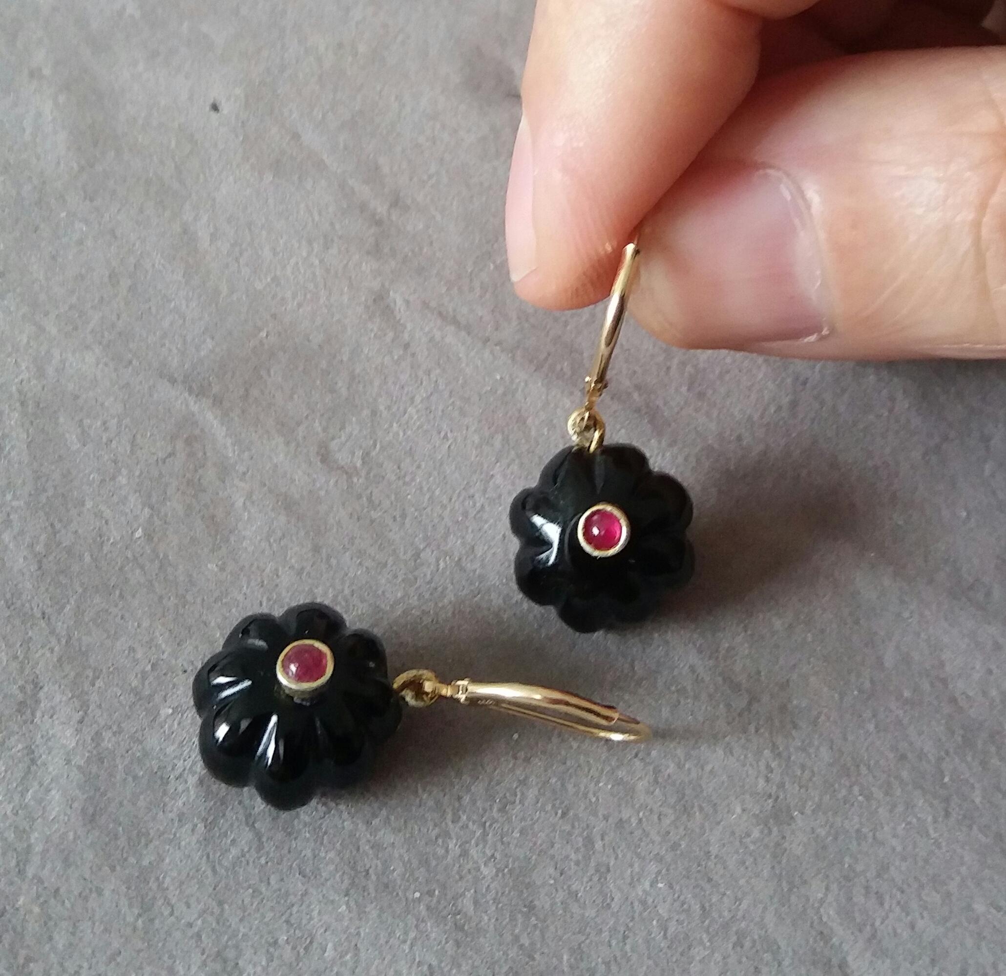 Black Onyx Round Carved Buttons Ruby Cabs 14k Yellow Gold Dangle Earrings For Sale 2