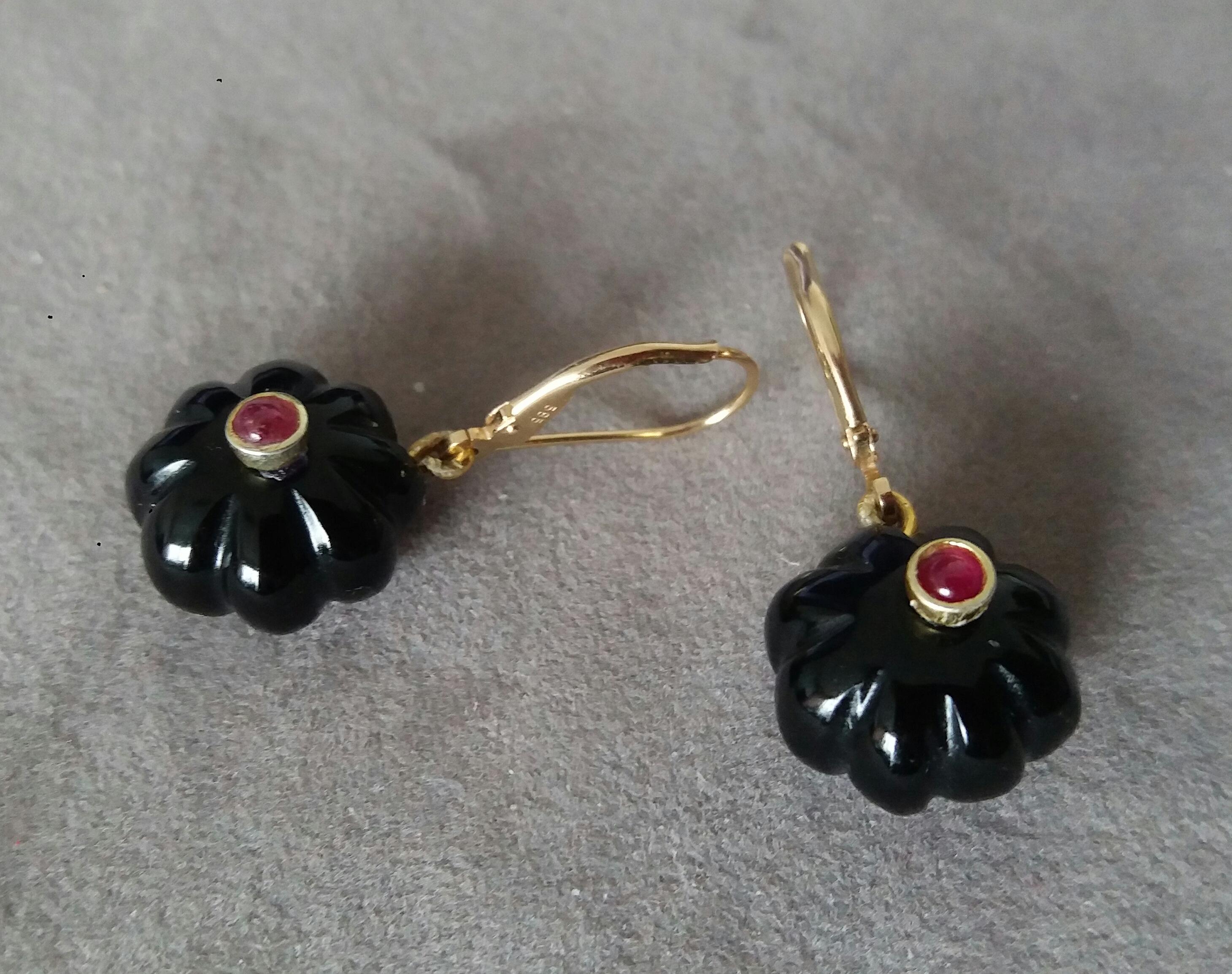 Black Onyx Round Carved Buttons Ruby Cabs 14k Yellow Gold Dangle Earrings For Sale 3