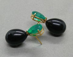 Black Onyx Round Drops Faceted Pear Shape Green Quartz 14 Karat Gold Earrings