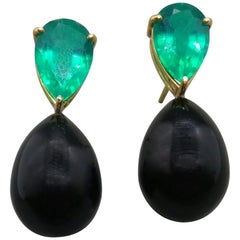 Black Onyx Round Drops Faceted Pear Shape Green Quartz 14 Karat Gold Earrings