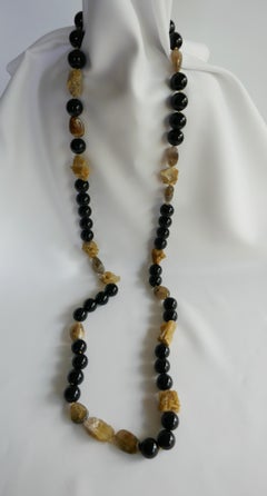 Black Onyx Rutilated Quartz Hemaphyte 925 Silver Clasp Long Gemstone Necklace