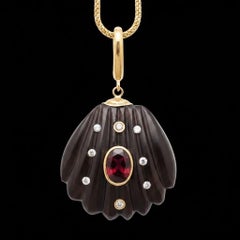 Black Onyx Shell Pendant with Brown Tourmaline, Diamonds and 14k Gold