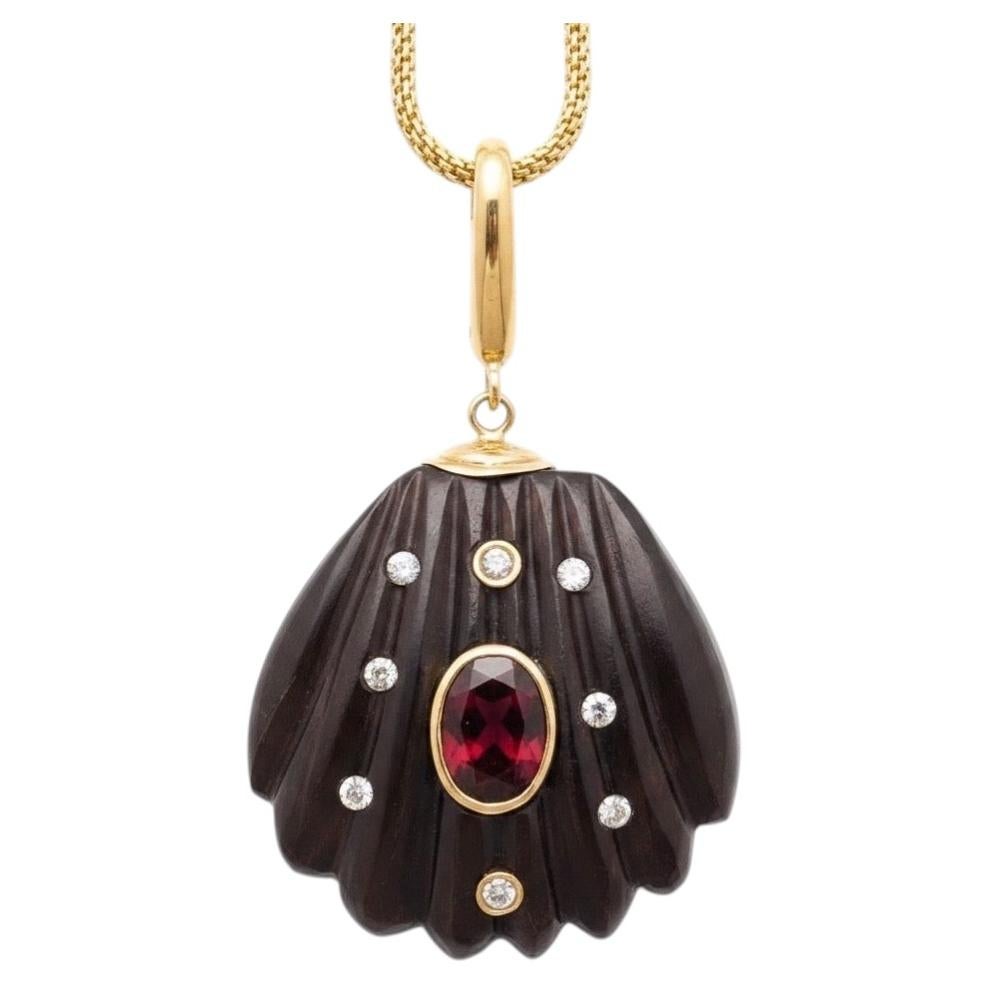 Black Onyx Shell Pendant with Brown Tourmaline, Diamonds and 14k Gold