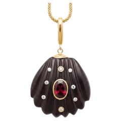 Black Onyx Shell Pendant with Brown Tourmaline, Diamonds and 14k Gold