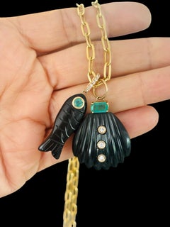 Black Onyx Shell Pendant with Diamonds, Emerald & 14k Gold