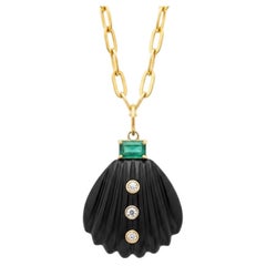 Black Onyx Shell Pendant with Diamonds, Emerald & 14k Gold