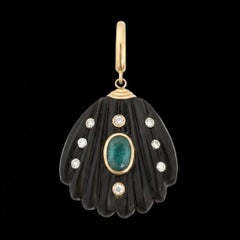 Black Onyx Shell Pendant with Emerald, Diamonds & 14k Gold