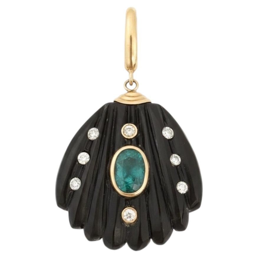 Black Onyx Shell Pendant with Emerald, Diamonds & 14k Gold For Sale