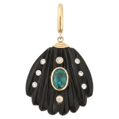 Black Onyx Shell Pendant with Emerald, Diamonds & 14k Gold